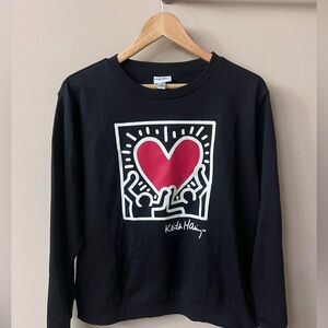 Keith Haring Women’s Black Sweatshirt w/ Dancing Heart Graphic, Size L